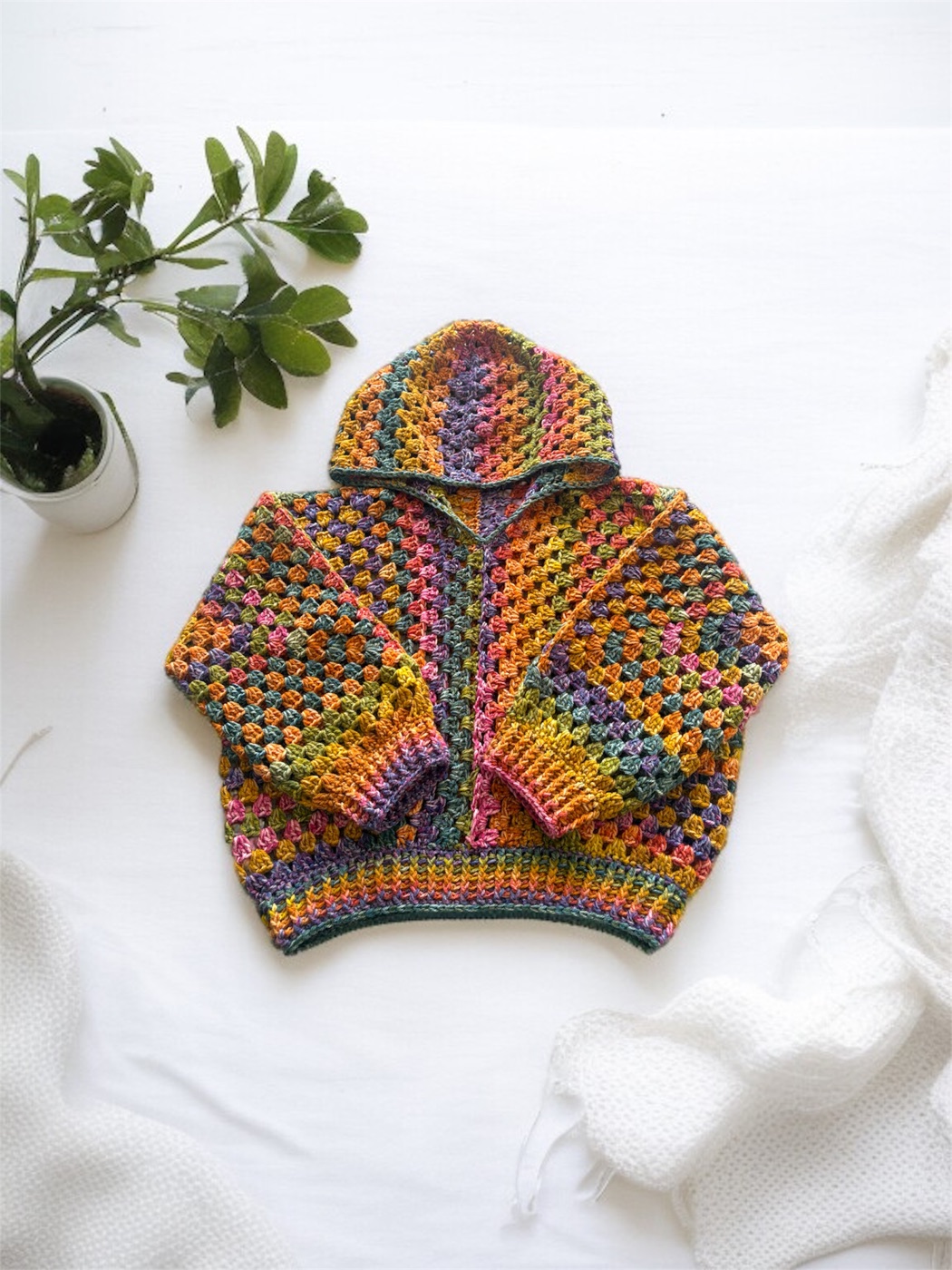 Hand-crocheted granny-square hooded jacket